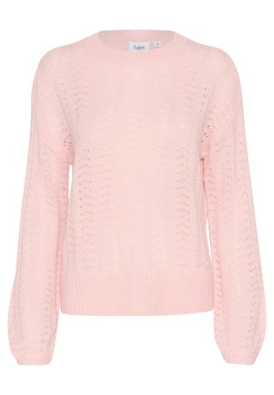 Šviesiai rožinė megzta suknelė su tekstūrine dizainu, apvaliu iškirpimu ir balioninėmis rankovėmis. Elastingas gumuotas apdaila ant rankovių ir apačios.