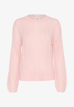 Šviesiai rožinė megzta suknelė su tekstūrine dizainu, apvaliu iškirpimu ir balioninėmis rankovėmis. Elastingas gumuotas apdaila ant rankovių ir apačios.