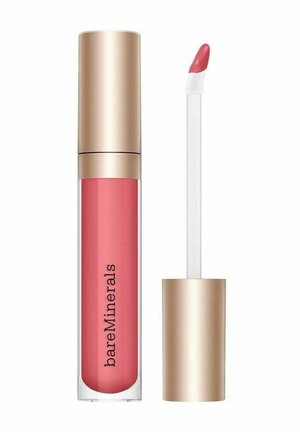 Flydende læbensglans i et klart rør med en guldkappe og en vinklet applikator, mærket "bareMinerals," i en afdæmpet rosa nuance.