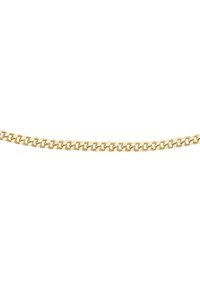 Gouden metalen ketting met schakels die in elkaar grijpen, een gladde textuur en een doorlopend ontwerp. Geschikt voor zowel lagen als solo dragen.