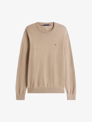 Beige, lange mouw trui gemaakt van een gladde stof. Ronde hals met ribgebreide boorden en zoom. Klein logo detail op de borst.