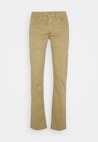 Beige cotton jeans with a straight-leg design, five pockets, and subtle stitching details. Waistband features a button and zipper closure.