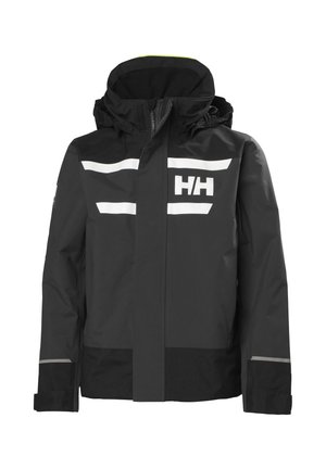 Chaqueta impermeable negra con capucha, que presenta franjas reflectantes blancas y un logo "HH" en el pecho, textura suave y cierre frontal con cremallera.