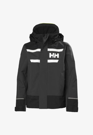 Černá voděodolná bunda s kapucí, vybavená bílými reflexními pruhy a logem "HH" na hrudi, hladká textura a přední zipové zapínání.