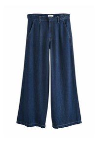 Donkerblauwe wijde denimbroeken met hoge taille, voorzien van zijzakken en contrasterende stiksels. Soepele textuur met een klassieke pasvorm.