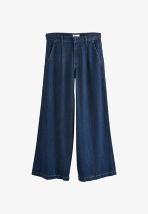 Pantaloni in denim blu scuro a gamba larga con vita alta, dotati di tasche frontali e cuciture a contrasto. Texture liscia con una vestibilità classica.