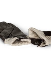 Brown leather gloves with ribbed cream fabric cuffs, featuring a snap button closure and a stitched pattern on the leather.
