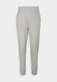 Jasnoszare spodnie dresowe wykonane z miękkiej tkaniny, z elastycznym pasem, zwężanymi nogawkami i bocznymi kieszeniami dla funkcjonalności.