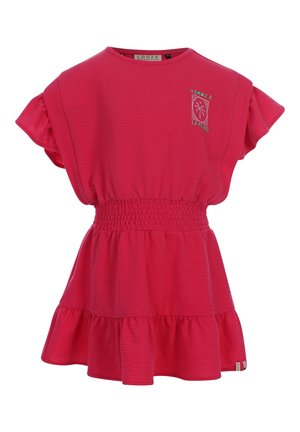 Felroze jurk met korte mouwen, elastische taille, gerimpelde zoom en een kleine groene palmboomafbeelding op de borst met de tekst "Vamos a la Playa".