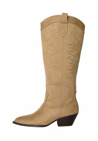 Kollane suede kummikad terava varbaga ja 5 cm paksu kanna kõrgusega. Dekoratiivne tikand spiraalkujuliselt varsil.