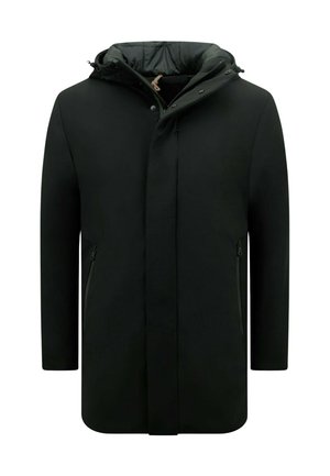 Zwarte winterjas met capuchon, voorrits en drukknopen, twee ritszakken aan de zijkant en een gewatteerde kraag.