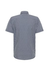 Koszula z krótkim rękawem w niebiesko-białą kratę, z kołnierzykiem zapinanym na guziki i prostym dołem dla luźniejszego dopasowania.