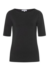 Schwarzes T-Shirt mit kurzen Ärmeln und einem breiten, runden Halsausschnitt, aus einem glatten, weichen Stoff gefertigt. Verfügt über minimale Nähte an den Ärmeln.
