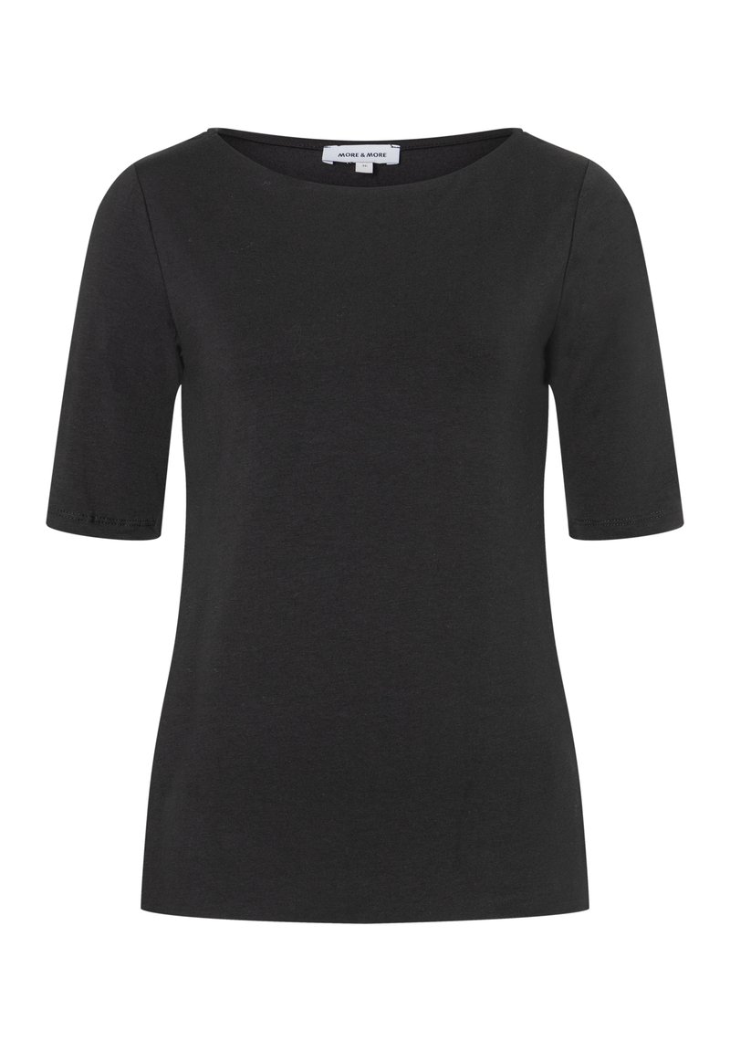 Schwarzes T-Shirt mit kurzen Ärmeln und einem breiten, runden Halsausschnitt, aus einem glatten, weichen Stoff gefertigt. Verfügt über minimale Nähte an den Ärmeln.