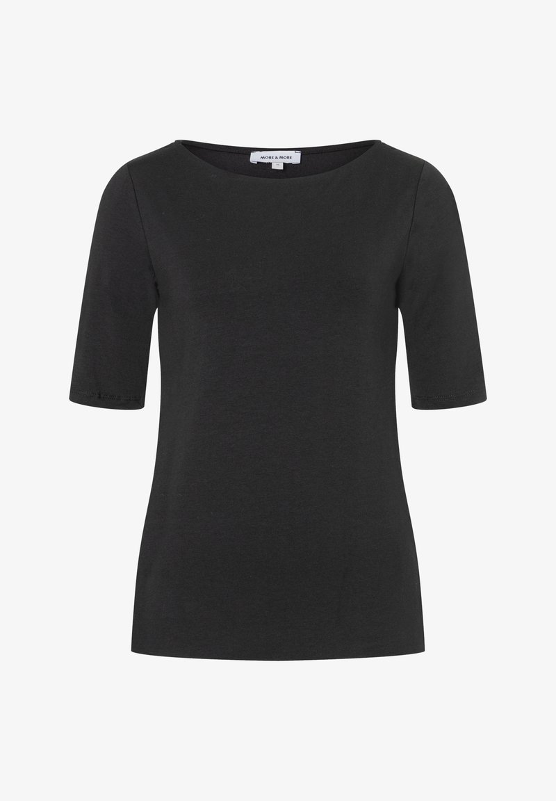 Schwarzes T-Shirt mit kurzen Ärmeln und einem breiten, runden Halsausschnitt, aus einem glatten, weichen Stoff gefertigt. Verfügt über minimale Nähte an den Ärmeln.