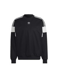 Svart sweatshirt med långa ärmar, vita axelränder, ribbade mudd och nederkant, med en liten vit Adidas-logotyp på bröstet.