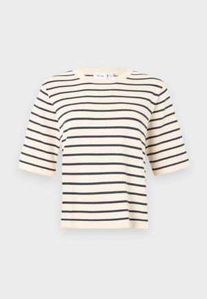 Striped short-sleeve crewneck top with a light beige base and dark navy horizontal stripes. Soft fabric and relaxed fit design.