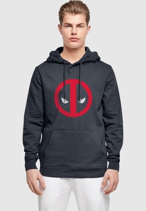 Gray hooded sweatshirt with a large red Deadpool logo featuring two white eyes. It has a front pocket and drawstrings on the hood.
