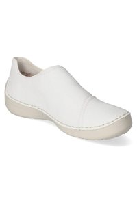 Bottines blanches à enfiler en cuir texturé avec un design sans couture, présentant une semelle en caoutchouc beige à profil bas et de subtils détails de couture.