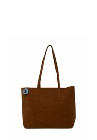 Braune Kunstleder-Tote mit zwei langen Griffen, rechteckiger Form, glatter Textur und einem angehängten hellblauen Etikett.