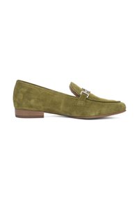 Green suede loafers with a low stacked heel, featuring a decorative metallic accent on the upper, and a rounded toe design.