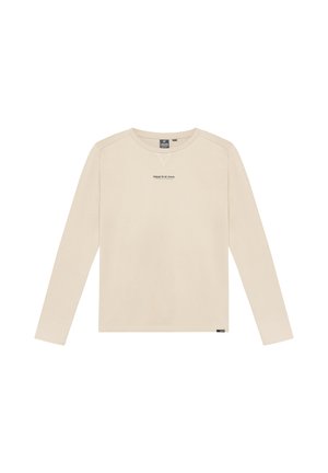 Beige lange mouwen shirt met ronde hals met "Indian Blue Jeans" tekstlogo op de borst en een klein zwart labeltje bij de zoom.