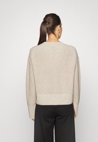Maglione beige lavorato a maglia con orlo a coste e dettagli sulle spalle, caratterizzato da maniche lunghe e vestibilità morbida. Abbinato a pantaloni neri.
