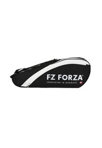Musta sulkapallon reppu valkoisilla yksityiskohdilla, jossa on logo "FZ FORZA" ja "INNOVATED IN DENMARK". Tyylikäs, pitkänomainen muoto ja vetoketjukiinnitys.
