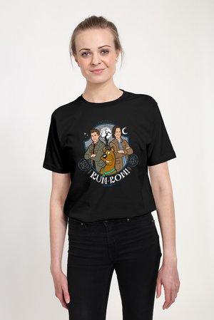 Černé bavlněné tričko s kreslenými postavičkami s pejskem a textem "Ruh-Roh!" na štítovém motivu. Krátké rukávy, volný střih.