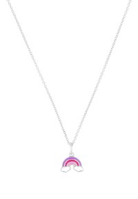 Collana di perle d'argento con un pendant colorato a forma di arcobaleno, con accenti di smalto rosa, viola e bianco e dettagli a nuvola.