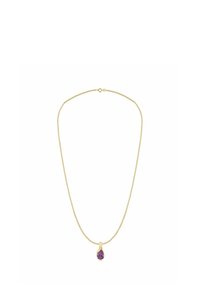 Kuldne kett kaelakee, millel on pisarakuju ametüstripats, sile pind, õrn disain ja lukustuseks homaarlukuga.