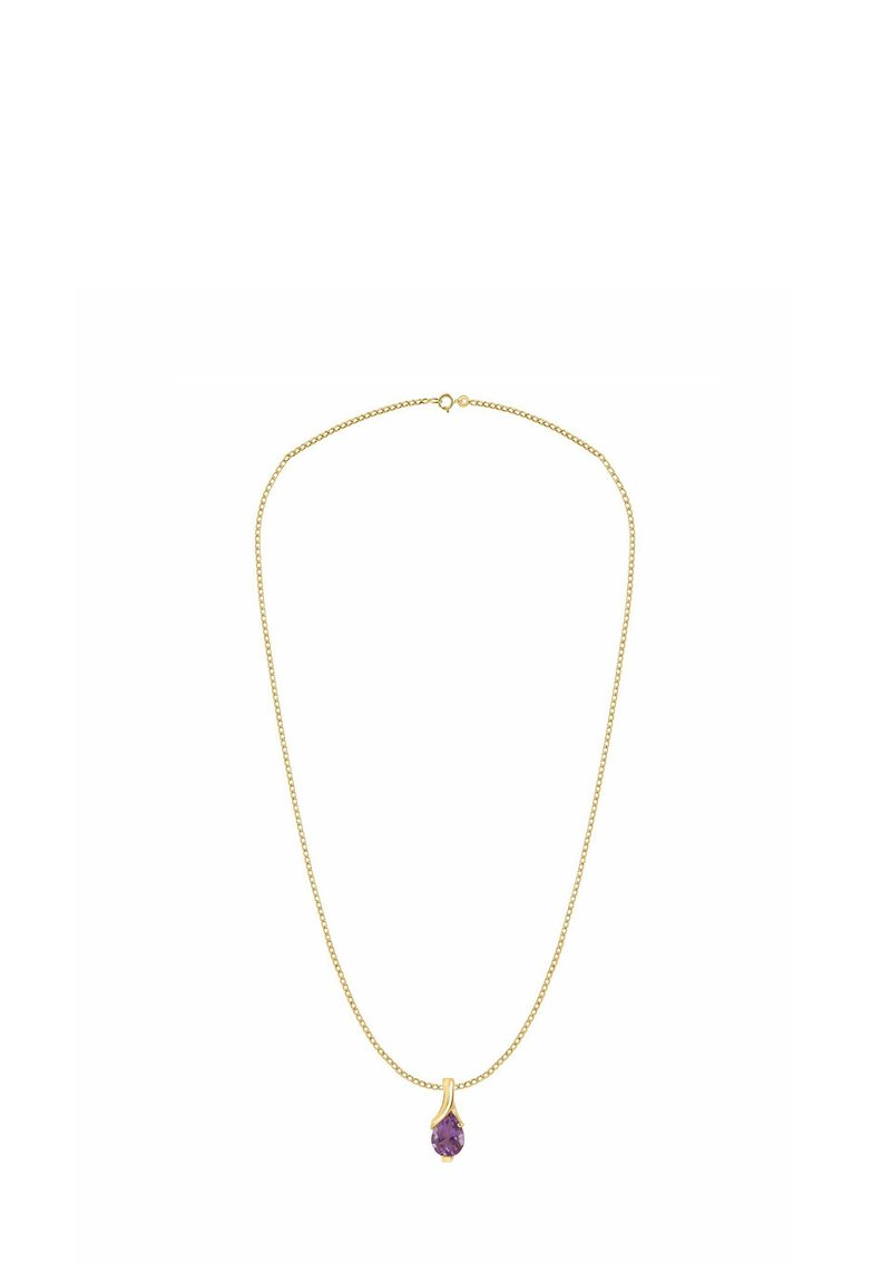 Kuldne kett kaelakee, millel on pisarakuju ametüstripats, sile pind, õrn disain ja lukustuseks homaarlukuga.