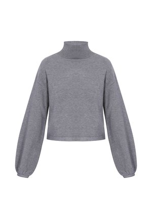 Šedý dlouhý rukáv cropped svetr s vysokým žebrovaným rolákem a elastickými manžetami, vystavený na bílém pozadí.