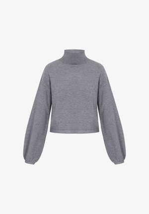 Grauer, langärmeliger, verkürzter Pullover mit hohem Ripp-Turtleneck und elastischen Bündchen, auf weißem Hintergrund präsentiert.