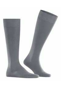 Calzini grigi alti fino al ginocchio con bordo a costine, texture liscia e design aderente. Realizzati in un materiale elasticizzato per il massimo comfort.