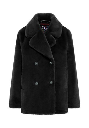 Zwarte faux-fur dubbele-breasted jas met grote geknipte kraag, twee ronde knoopsluitingen en zijzakken. Zachte textuur en op maat gemaakte pasvorm.