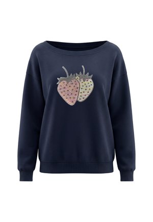 Marineblå langærmet sweatshirt med bred rund halsudskæring og forside med design af to store broderede jordbær med pailletter.