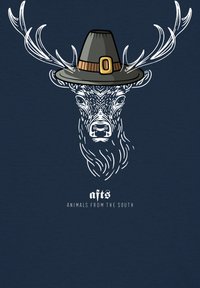 Graphique représentant un cerf stylisé avec des lignes blanches, portant un chapeau noir avec une boucle dorée, sur un fond bleu foncé. Le texte en dessous indique "afts Animaux du Sud."