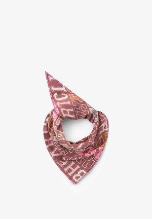 Bandana-style scarf folded in a triangle, featuring pink, brown, and white tones with large, overlapping letter patterns.
