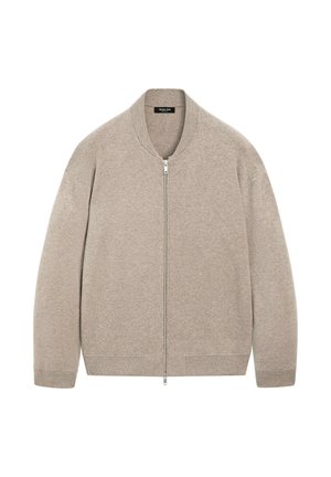 Hellbeige Bomberjacke mit Reißverschluss aus weichem Stoff, rundem Ausschnitt, gerippten Bündchen und Saum, ausgestattet mit einem silbernen Reißverschluss.