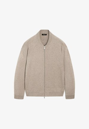 Lichtbeige bomberjack met rits, gemaakt van zacht materiaal, met een ronde hals, ribgebreide manchetten en onderrand, voorzien van een zilveren rits.