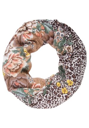 Ronde sjaal met gemengde bloemen- en luipaardprintpatronen in tinten bruin, groen, geel en beige.