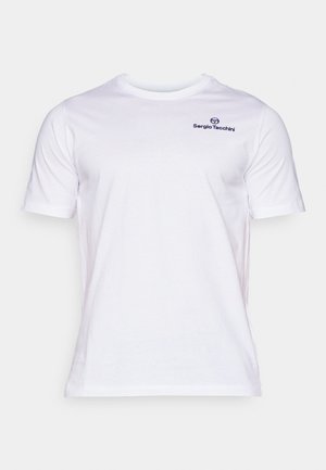 White cotton t-shirt with short sleeves, round neckline, and a small blue logo on the left chest. Smooth texture, label visible inside.
