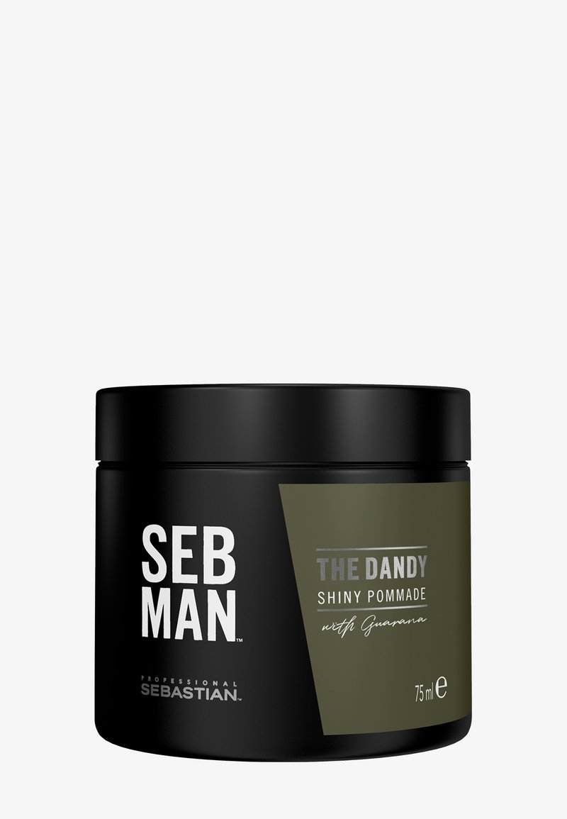 Pot noir de Seb Man The Dandy pommade brillante au guarana, 75 ml, pour coiffure, avec des étiquettes blanches et vert olive audacieuses.