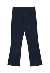 Pantaloni svasati blu navy realizzati in morbido tessuto elastico con una texture liscia. Presentano una vita ampia e nessun hardware visibile o motivi.