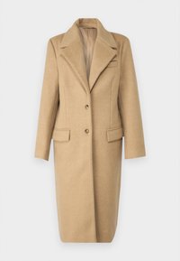 Cappotto in lana marrone chiaro con rever a lancia, chiusura con un bottone e due tasche frontali. Presenta una linea dritta e una texture morbida.