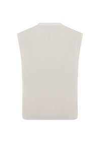 Top senza maniche in tessuto beige chiaro, caratterizzato da una texture liscia, linee pulite e un design sobrio sullo scollo posteriore. Nessun motivo visibile o dettagli metallici.