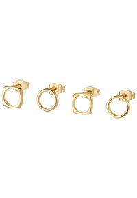 Náušnice zlaté barvy ve tvaru studu, které obsahují tři geometrické tvary: čtverec, kruh a ovál. Hladký povrch s minimalistickým designem.