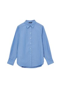 Blue long-sleeve button-up shirt with white vertical stripes and a pointed collar, laid flat against a white background.