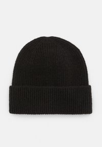 Berretto di maglia nero con risvolto, caratterizzato da una texture a coste e un design con cima arrotondata, adatto per il caldo e il freddo.